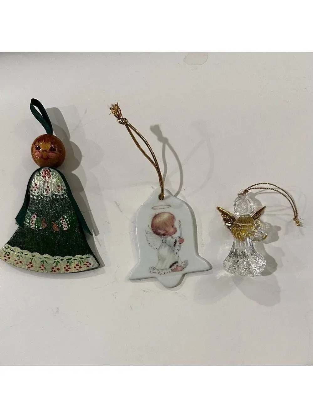 Set of 3 Angel Christmas Ornaments/Precious Moments/HandPainted/Clear Gold wings
